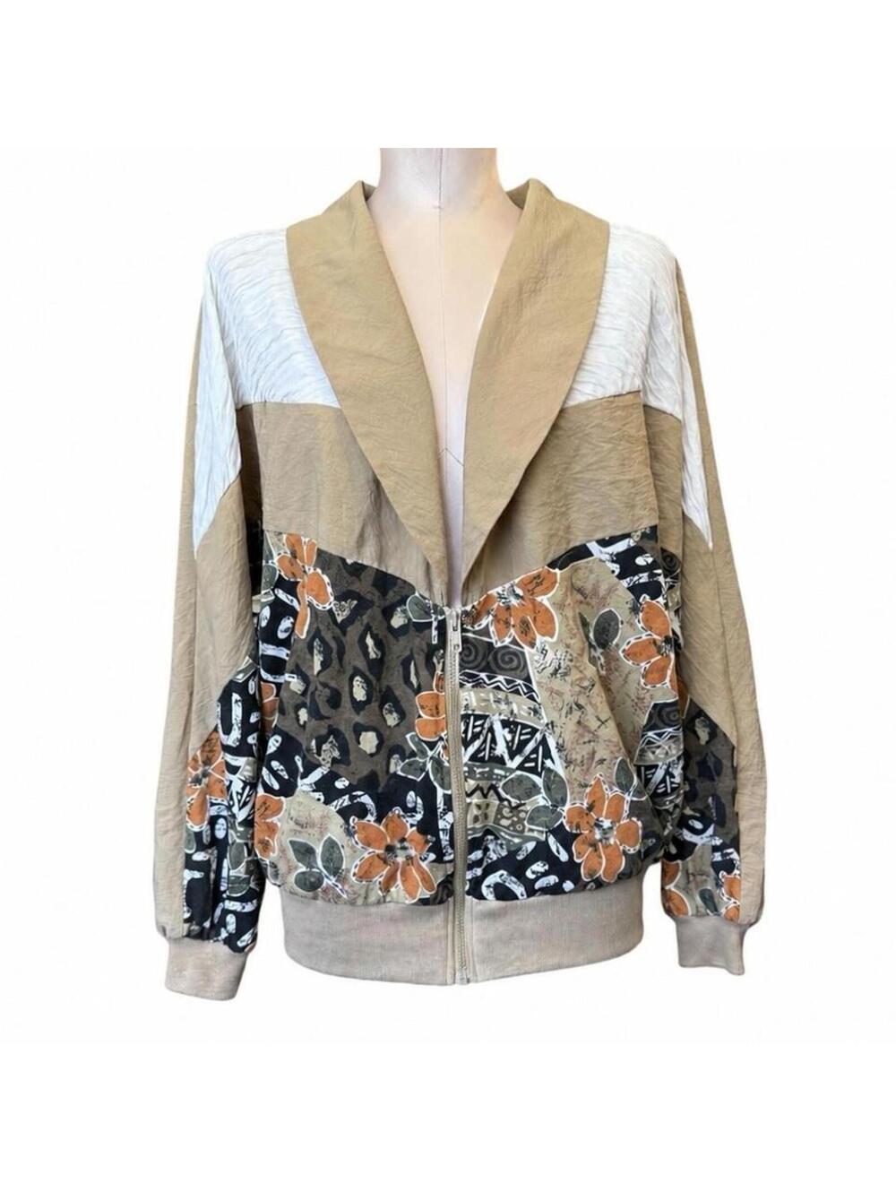 • 90s tan patchwork zip jacket with leopard & floral design